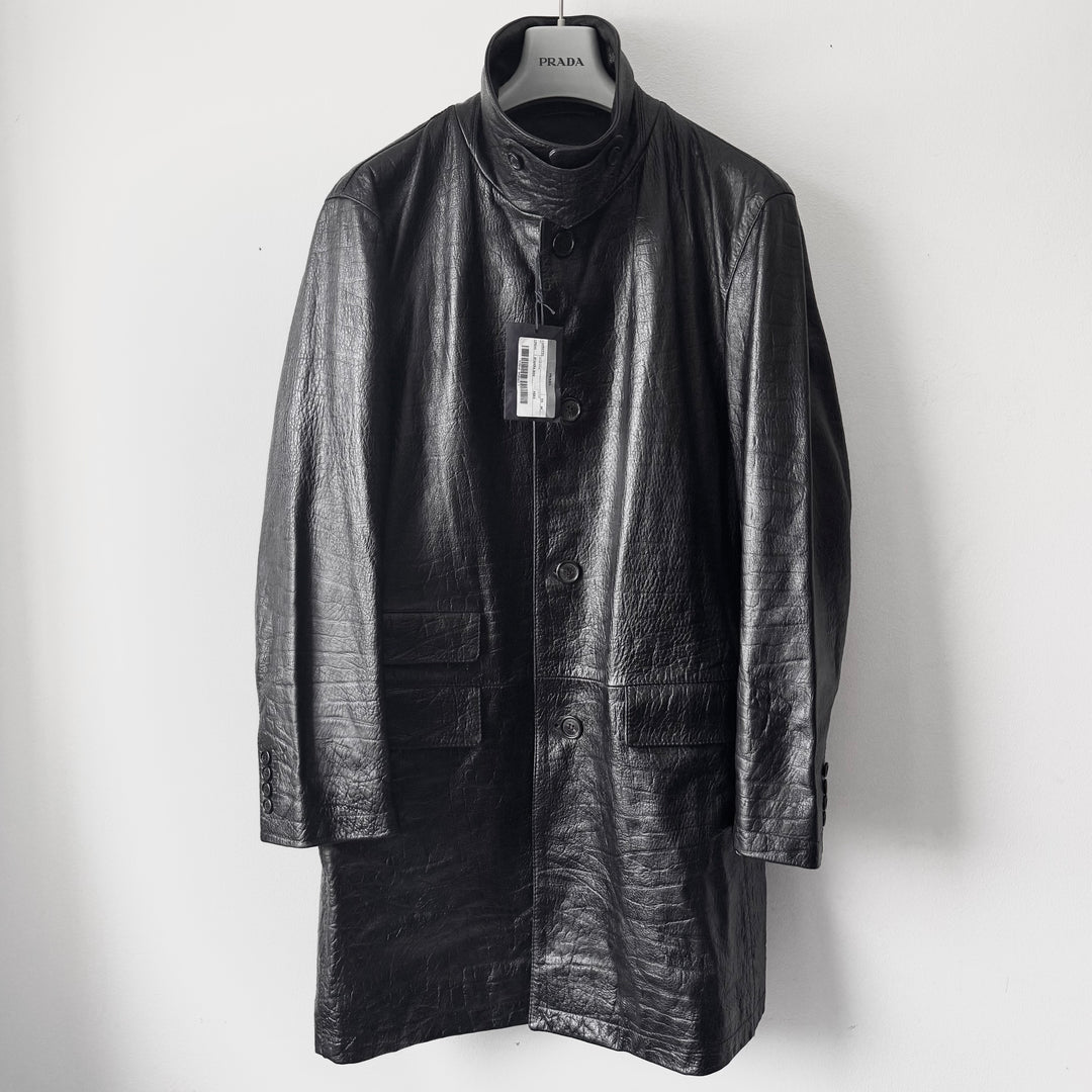 Prada FW2003 Black Textured ”Crocodile” Embossed Leather Coat