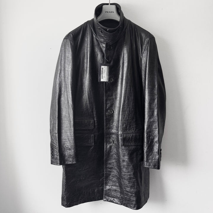 Prada FW2003 Black Textured ”Crocodile” Embossed Leather Coat