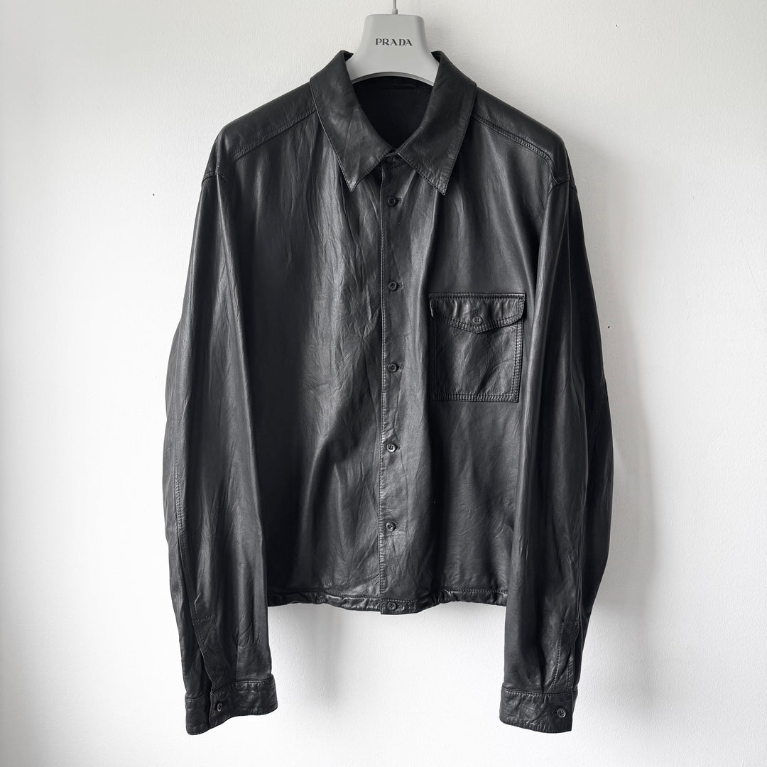 Prada 2000's Black Lamb Leather 1-Pocket Cropped Overshirt Jacket