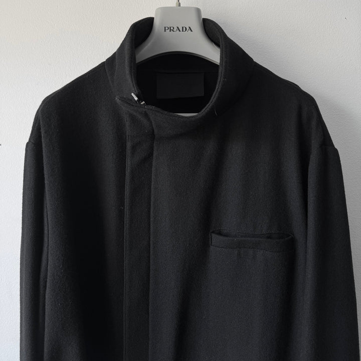 Prada FW1998 Black Asymmetrical Funnel Neck Wool Coat