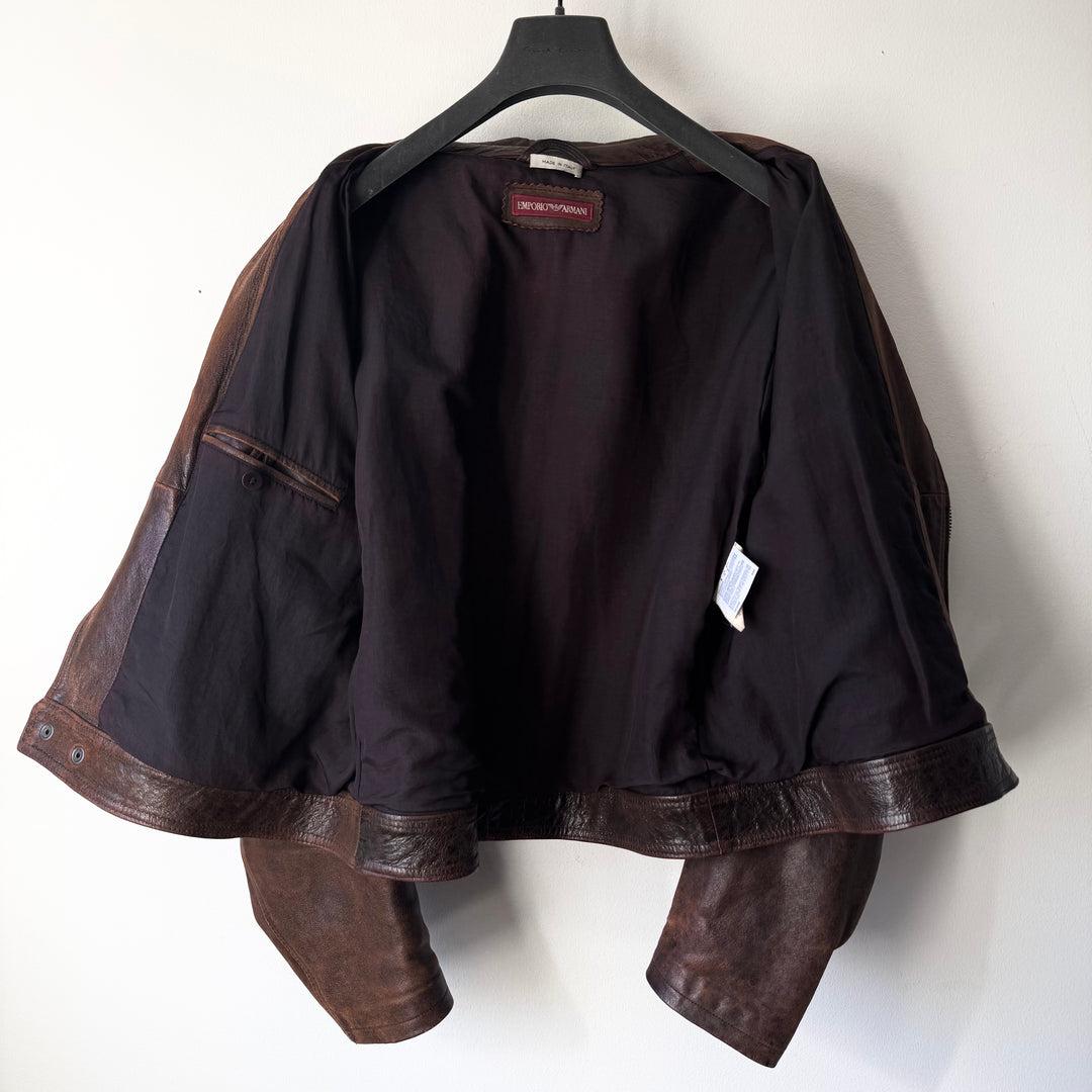 Emporio Armani 1980’s Brown Cracked Leather Perfecto Biker Jacket