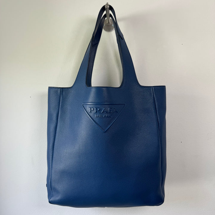 Prada Blue Triangle Logo Nappa Leather Large Tote Bag
