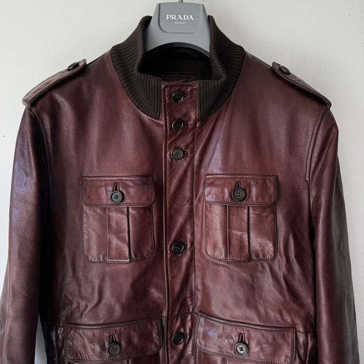 Prada FW2008 Mainline Bordeaux Cargo Bomber Calf Leather Jacket