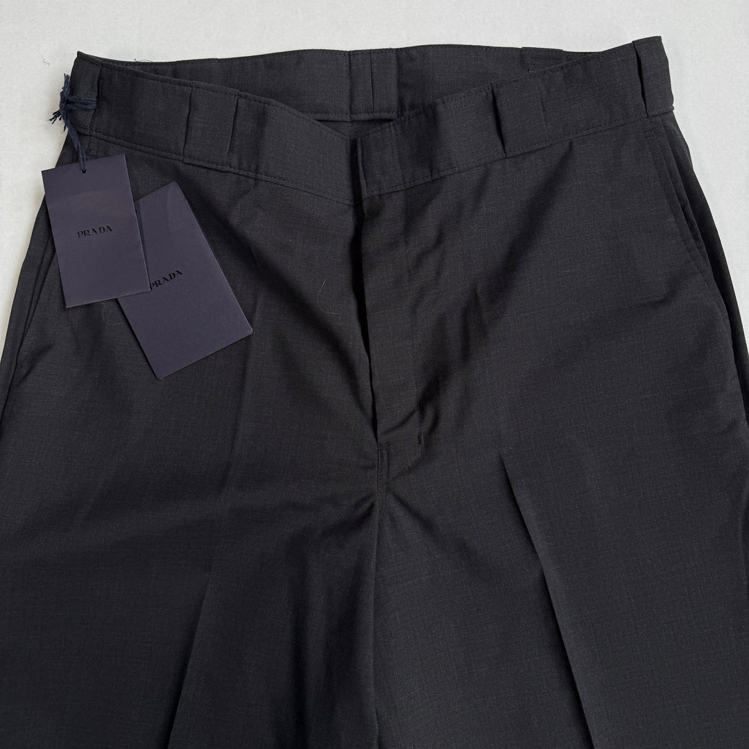 Prada 2022 Mainline Dark Gray Wide Fine Wool Logo Pants