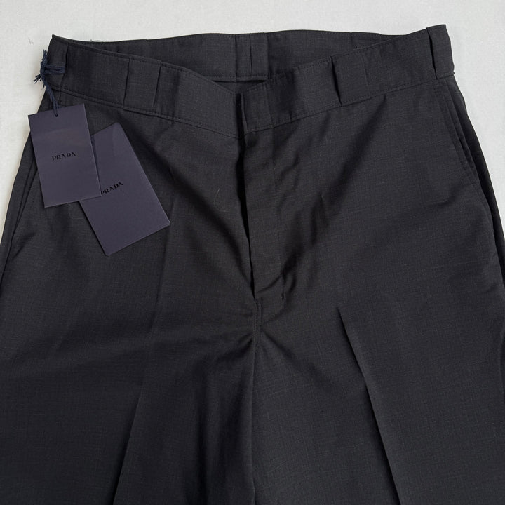 Prada 2022 Mainline Dark Gray Wide Fine Wool Logo Pants