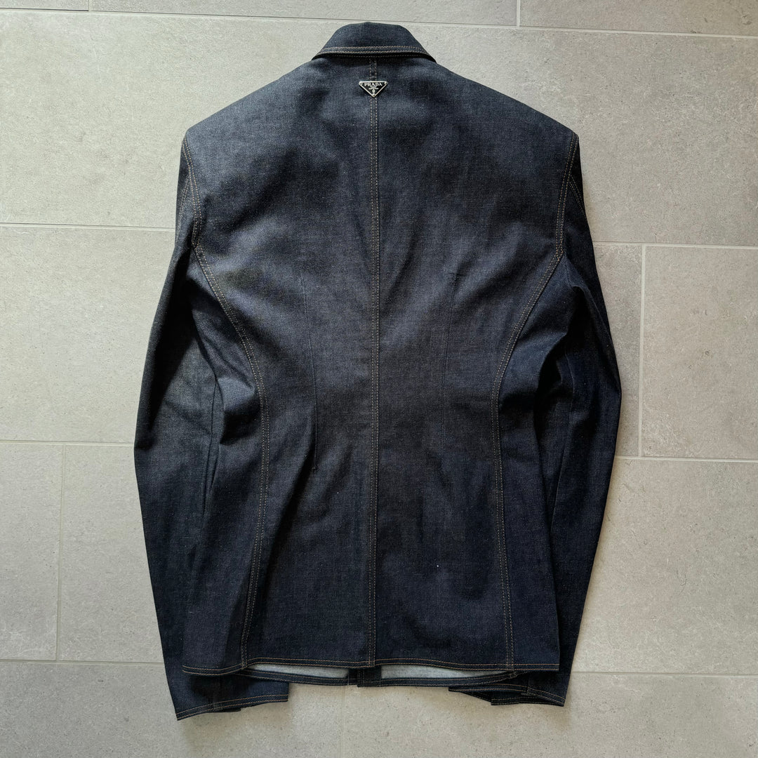 Prada SS24 Runway Padded Shoulder Indigo Logo Denim Jacket