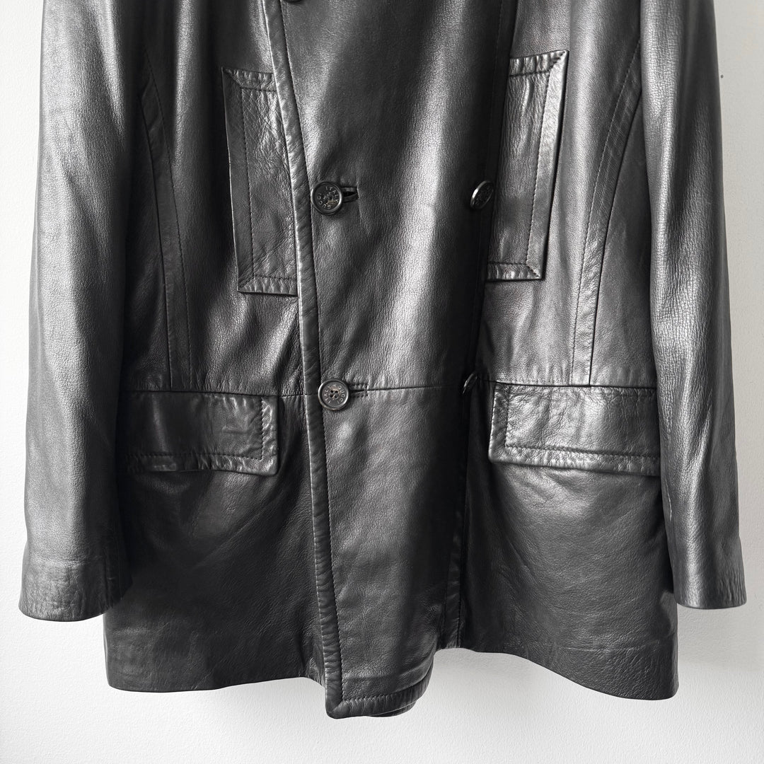 Gucci By Tom Ford FW1996 Black Double Breasted Wool Lined Lamb Leather Peacoat