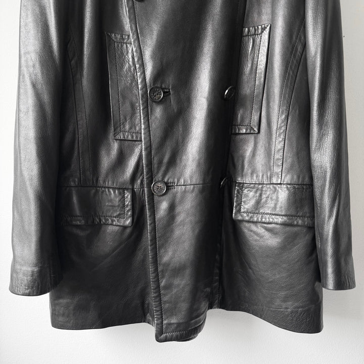 Gucci By Tom Ford FW1996 Black Double Breasted Wool Lined Lamb Leather Peacoat