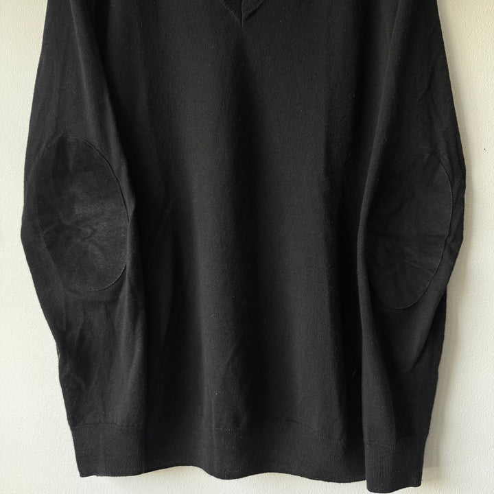 AW2015 Maison Margiela Black Cotton V-Neck Pullover Elbow Patch Knit Sweater