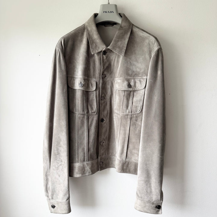 Gucci By Tom Ford 2000’s Gray Suede  Nubuck Trucker Blouson Leather Jacket