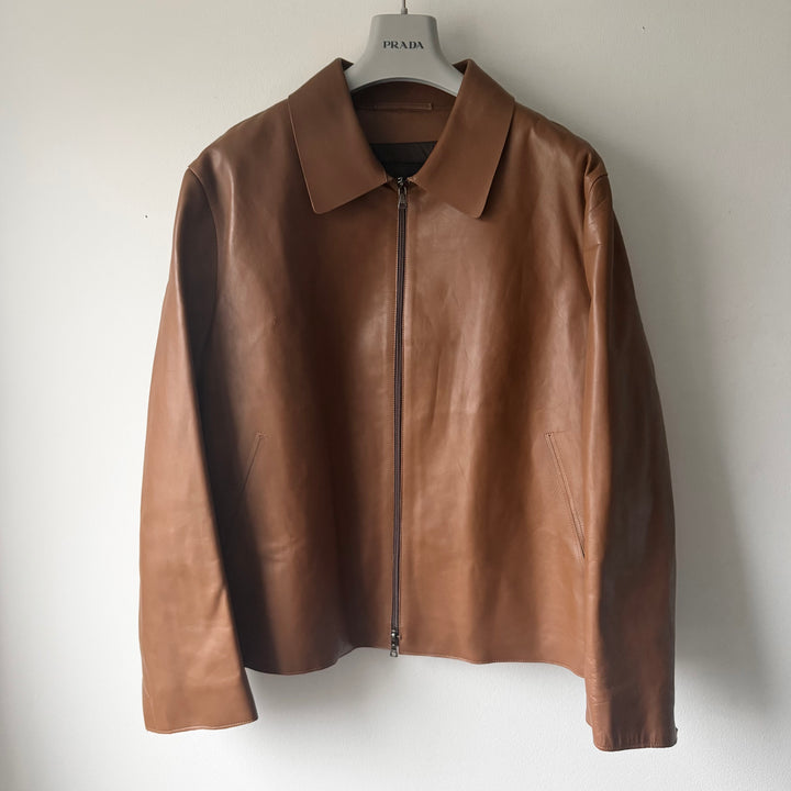 Prada FW2000 Tan Brown Insulated Calf Leather Zip-Up Blouson Jacket