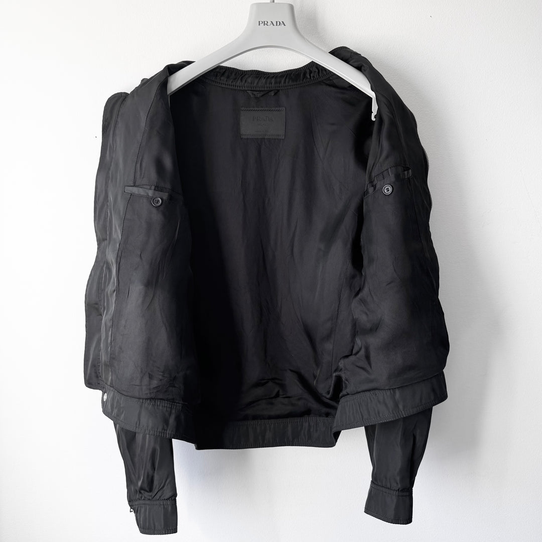 Prada 1990’s Black Hybrid Nylon Leather Cafe Racer Biker Jacket
