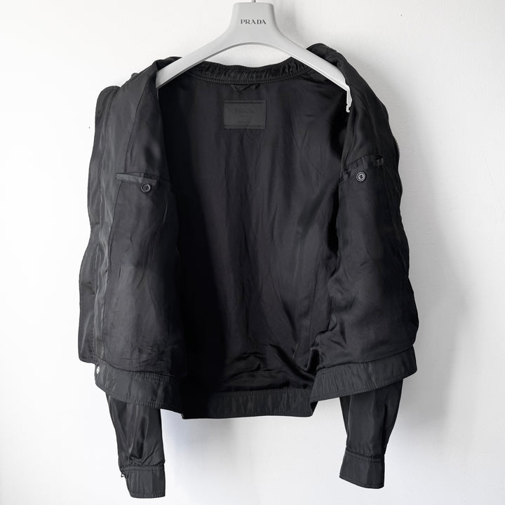 Prada 1990’s Black Hybrid Nylon Leather Cafe Racer Biker Jacket
