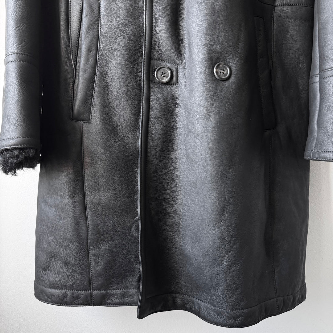 Prada FW2007 Black Double Breasted Long Sheep Shearling Leather Coat