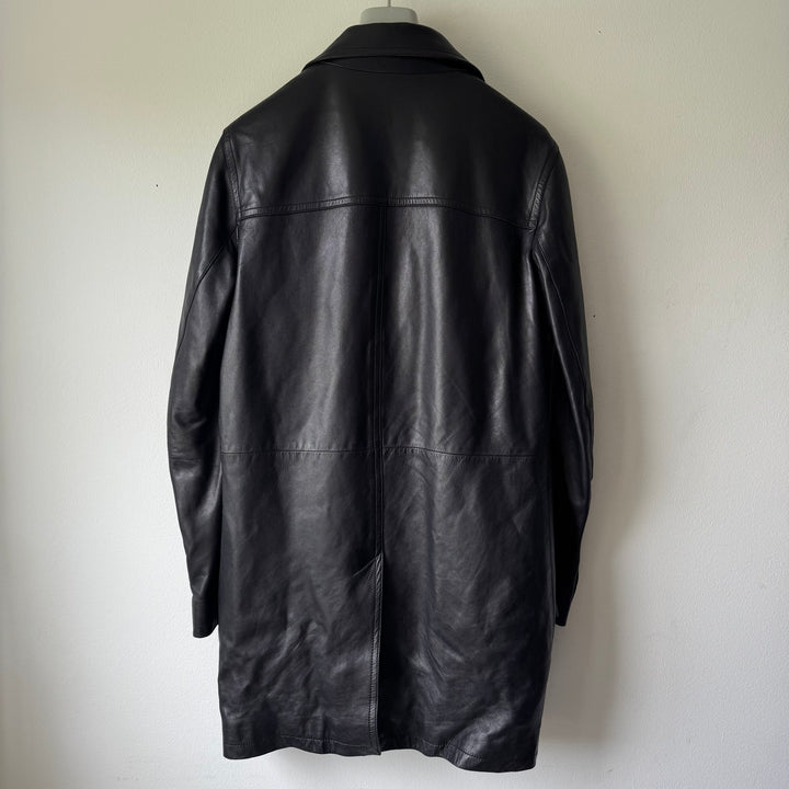 Prada FW2006 Black Lined Button-Up Leather Overcoat Jacket