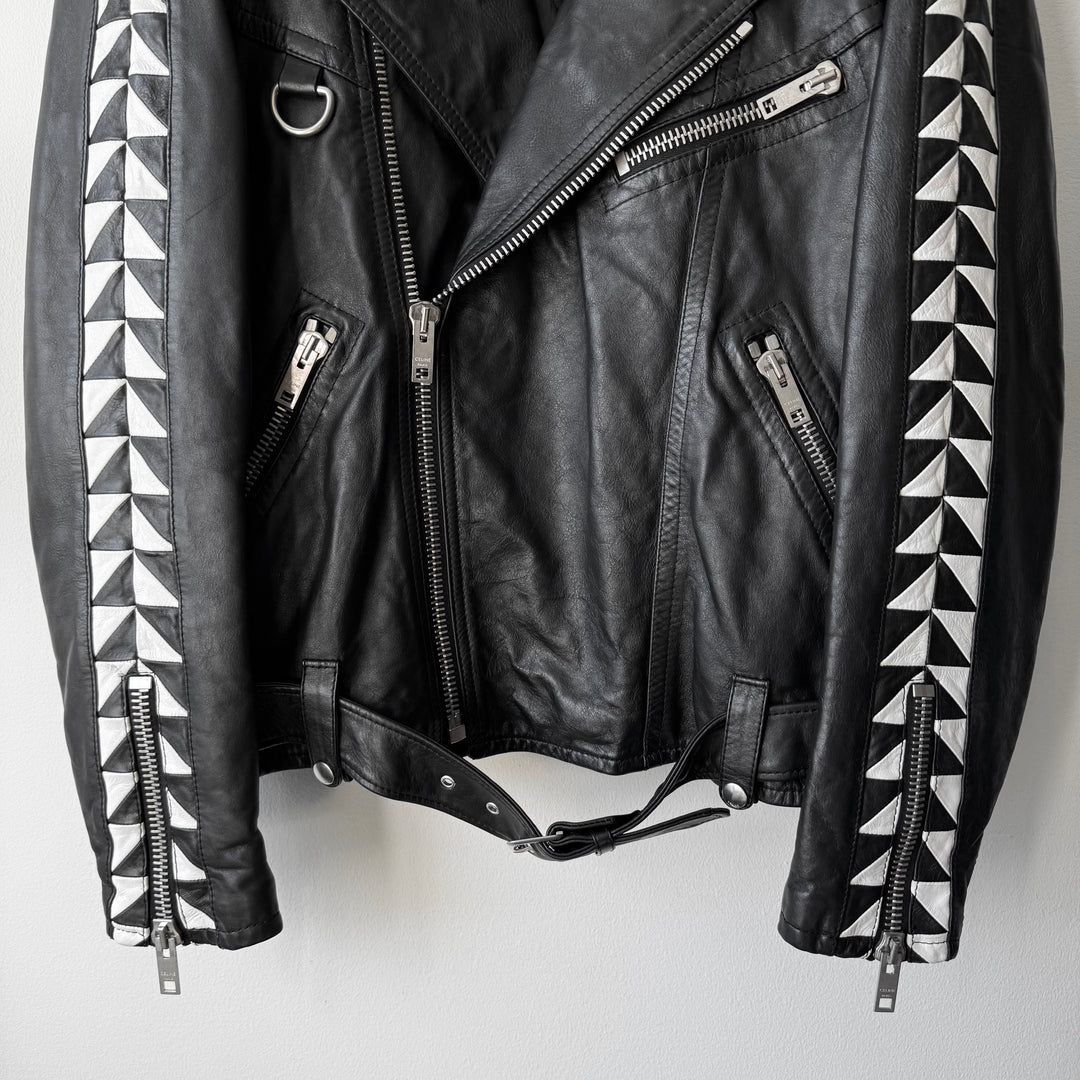 Celine SS2022 Black/White Checkered Calf Leather D-Ring Perfecto Biker Jacket