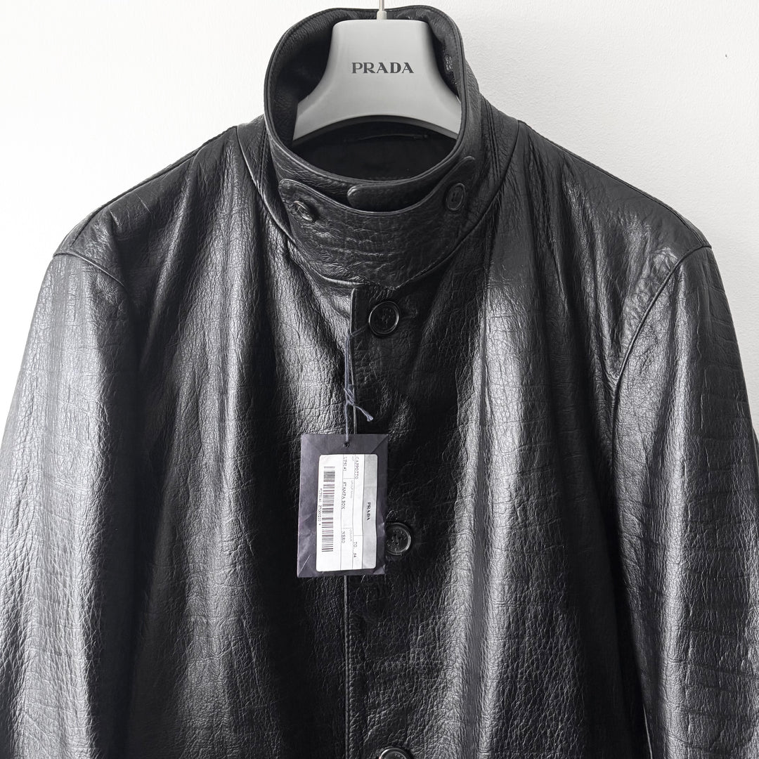 Prada FW2003 Black Textured ”Crocodile” Embossed Leather Coat