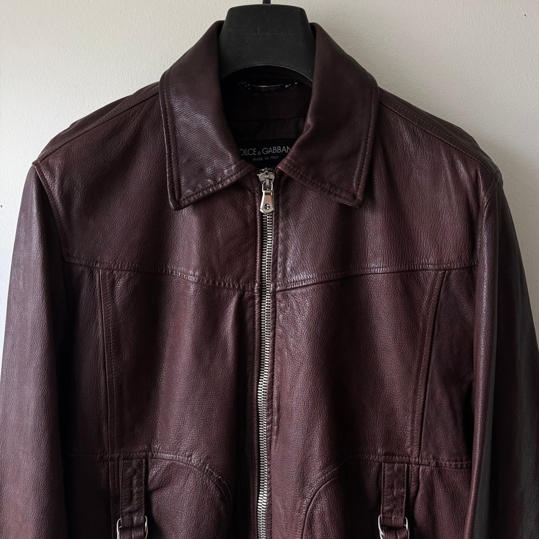 Dolce & Gabbana SS2006 Bordeaux/Brown Glossy Goat Leather Zip-Up Blouson Jacket