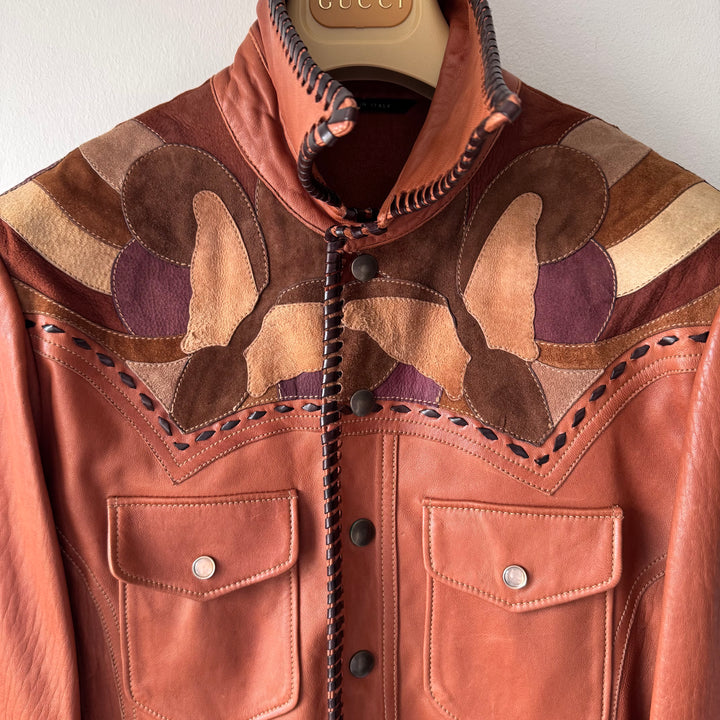 Gucci By Tom Ford SS2004 Brown Butterfly Patchwork Western Leather Jacket