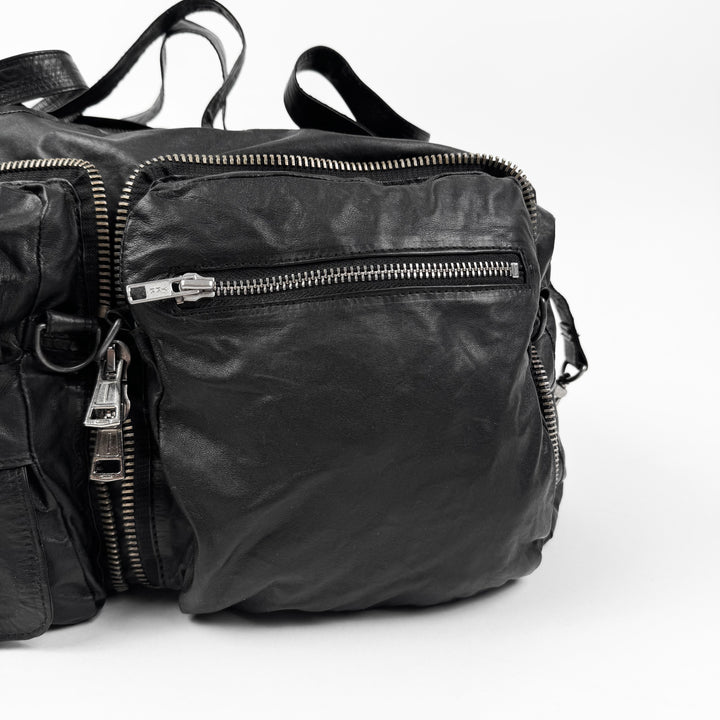 Ann Demeulemeester 2000’s Black Leather Multi-Zip Compartment Crossbody Duffle Bag