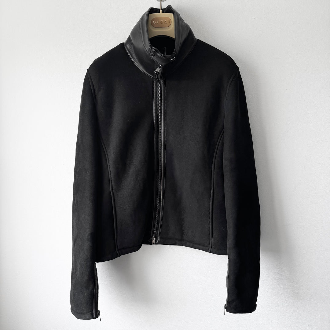 Gucci By Tom Ford FW2000 Black Suede/Leather Shearling High Neck Cropped Biker Jacket
