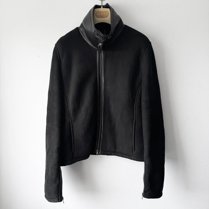 Gucci By Tom Ford FW2000 Black Suede/Leather Shearling High Neck Cropped Biker Jacket