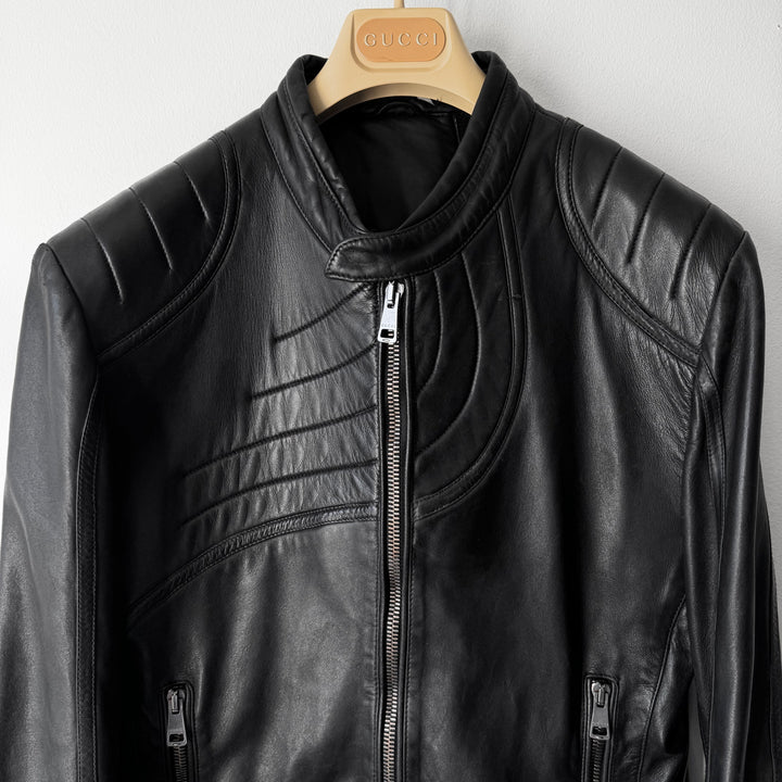 Gucci By Tom Ford FW2000 Black Spiral Lamb Leather Café Racer Jacket