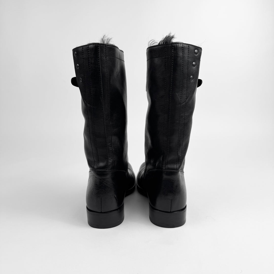 Gucci 2000's Black Shearling Leather Biker Boots