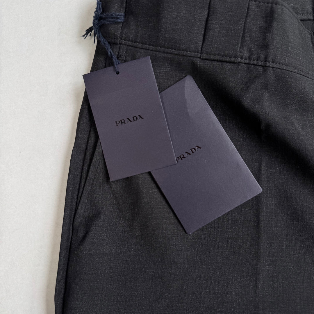 Prada 2022 Mainline Dark Gray Wide Fine Wool Logo Pants