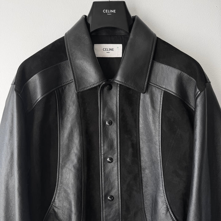 1/1 Celine SS2022 Sample Black Cutout Suede Paneled Leather Blouson Jacket