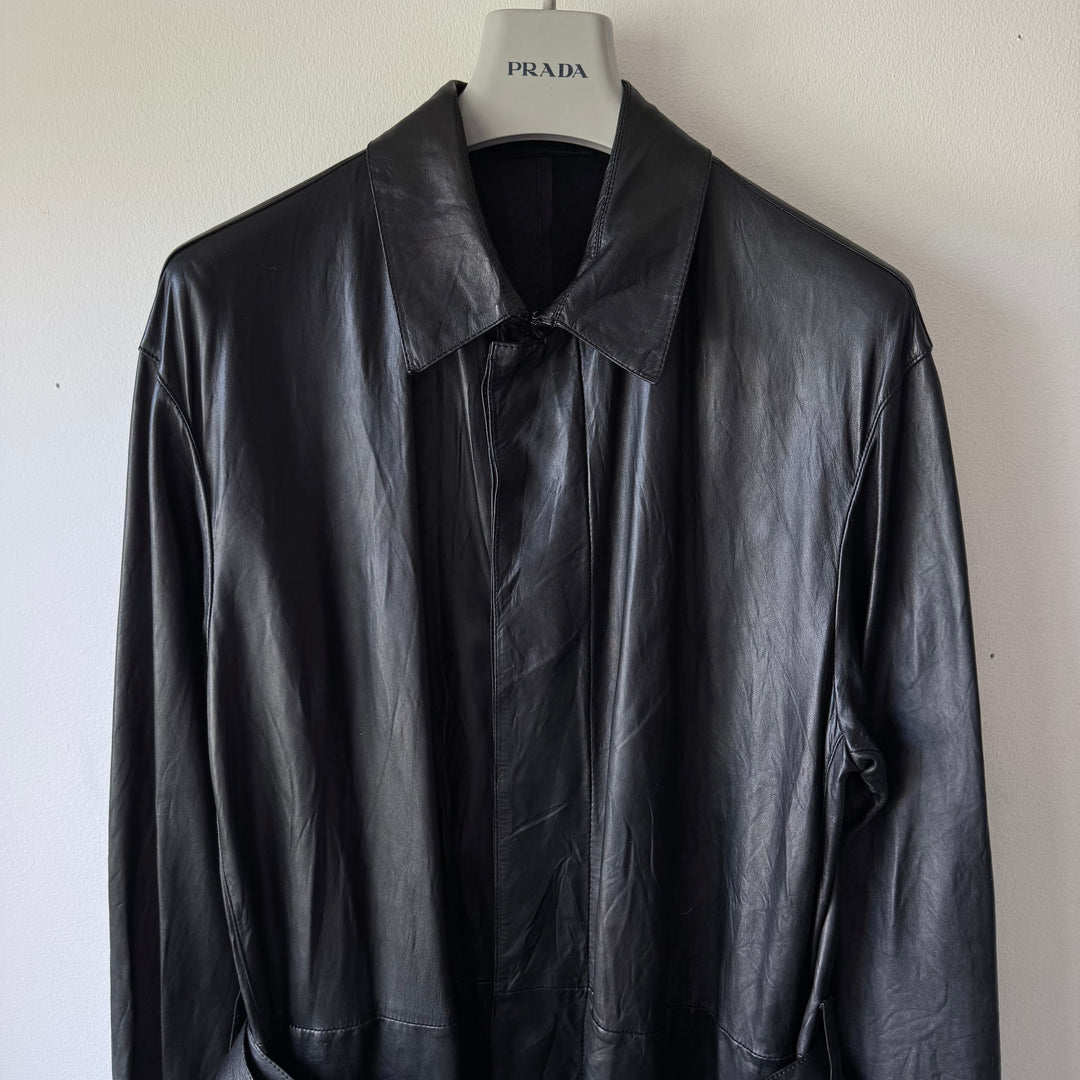 Prada FW2004 Black Lamb Nappa Leather Long Trench Coat