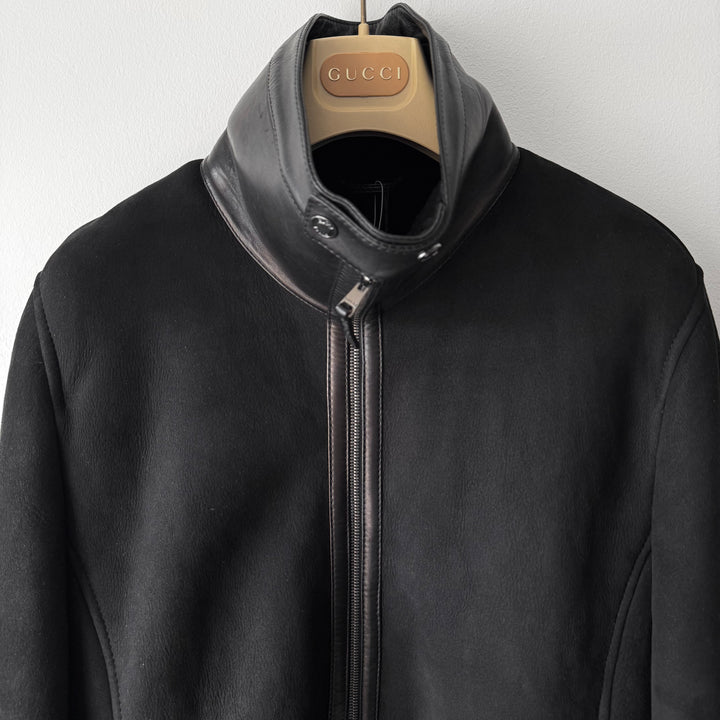 Gucci By Tom Ford FW2000 Black Suede/Leather Shearling High Neck Cropped Biker Jacket