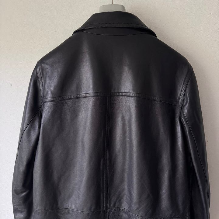 Prada FW2006 Black Lined Button-Up Leather Overcoat Jacket