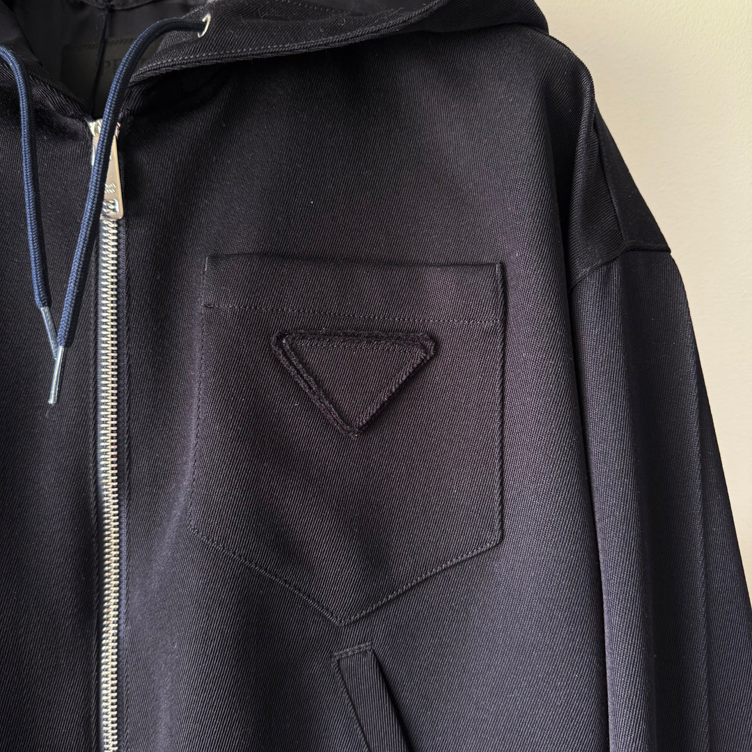 Prada Dark Navy Cropped Wool Hooded Jacket