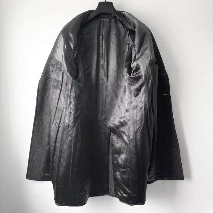 Gucci By Tom Ford Dark Grey Herringbone Peak Lapel Wool Coat