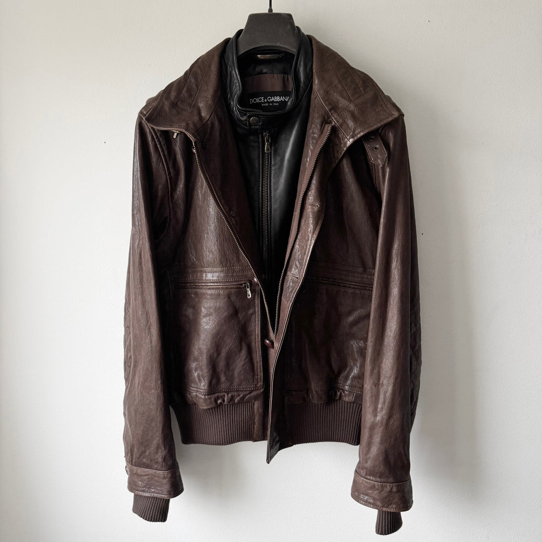 Dolce & Gabbana FW2005 Brown/Black Double Layered Military Bomber Lamb Leather Jacket