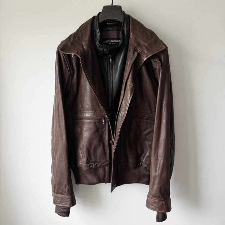 Dolce & Gabbana FW2005 Brown/Black Double Layered Military Bomber Lamb Leather Jacket