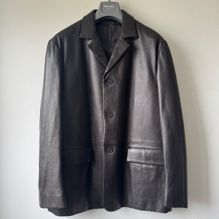 Prada FW1998 Silk Lined Button-Up Leather Overcoat Jacket
