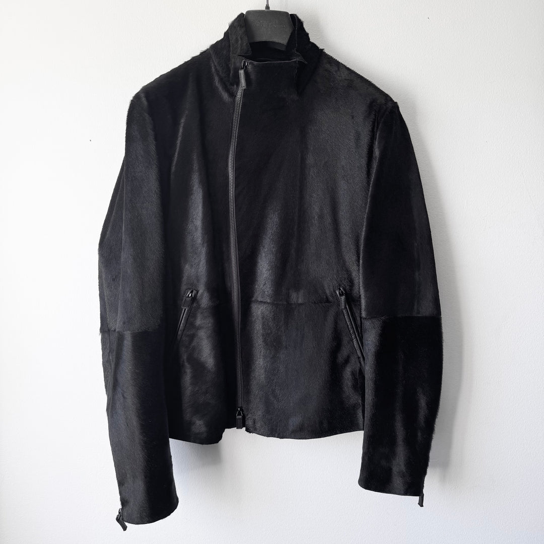 Emporio Armani AW2012 Black ”Pony Hair” Asymmetrical 2-Zip Calf Leather Jacket