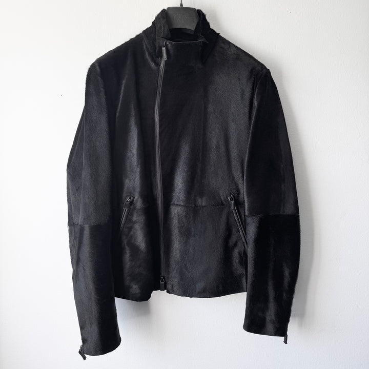 Emporio Armani AW2012 Black ”Pony Hair” Asymmetrical 2-Zip Calf Leather Jacket