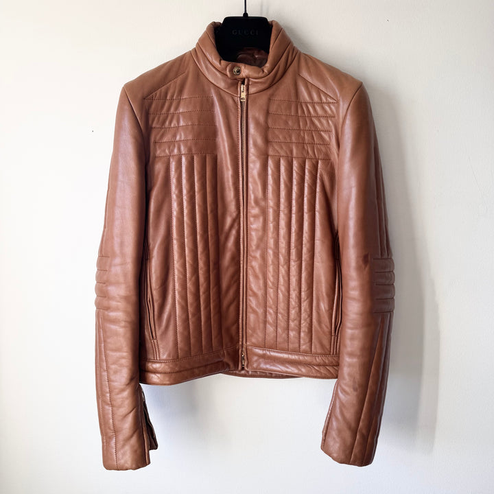 Gucci By Tom Ford FW2000 Brown Quilted Padded Moto Biker Leather Jacket