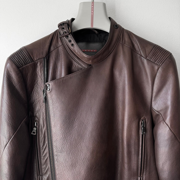 Prada Linea Rossa 2000’s Brown Moto Biker Leather Jacket