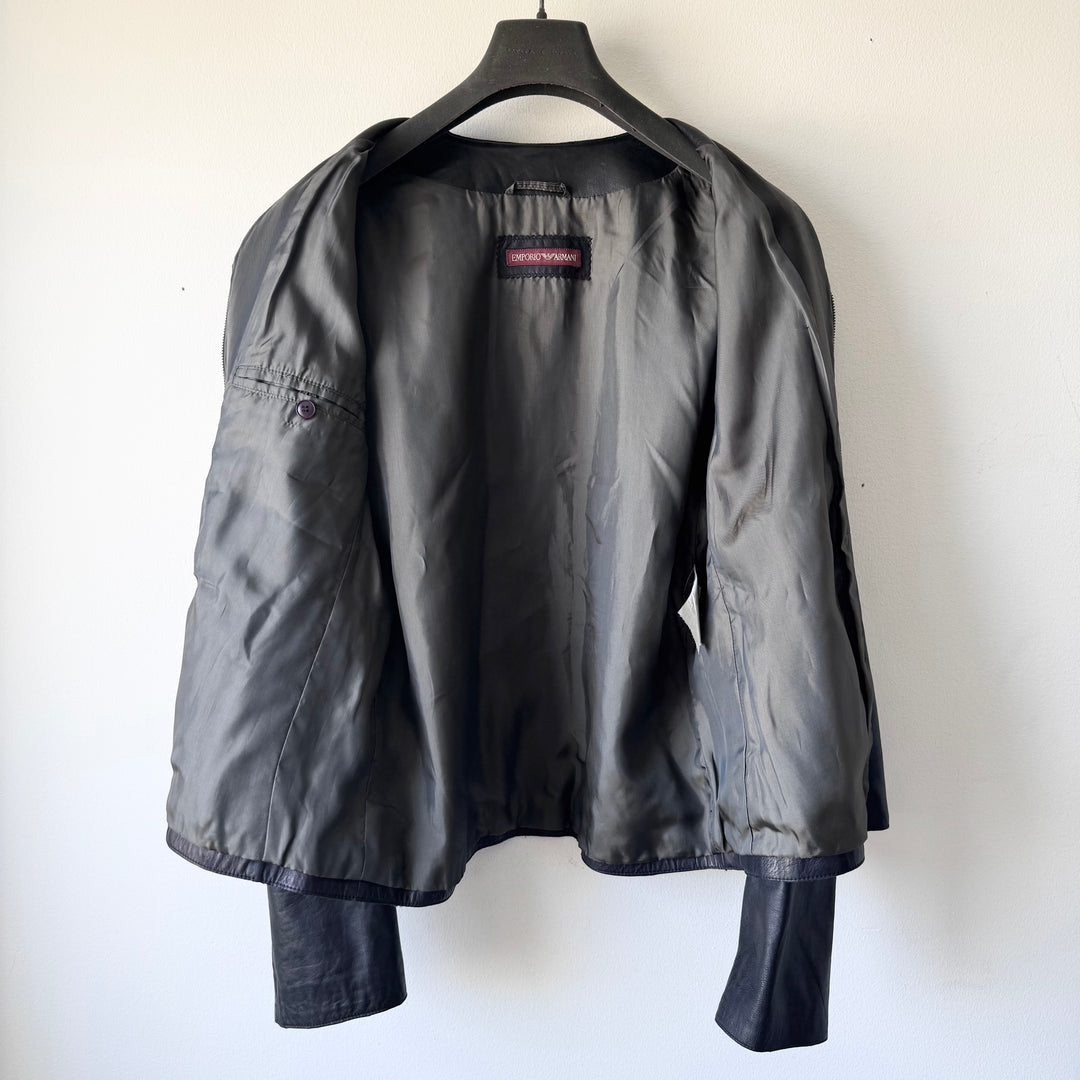 Emporio Armani 1980’s Navy Collarless Cropped Lamb Leather Jacket