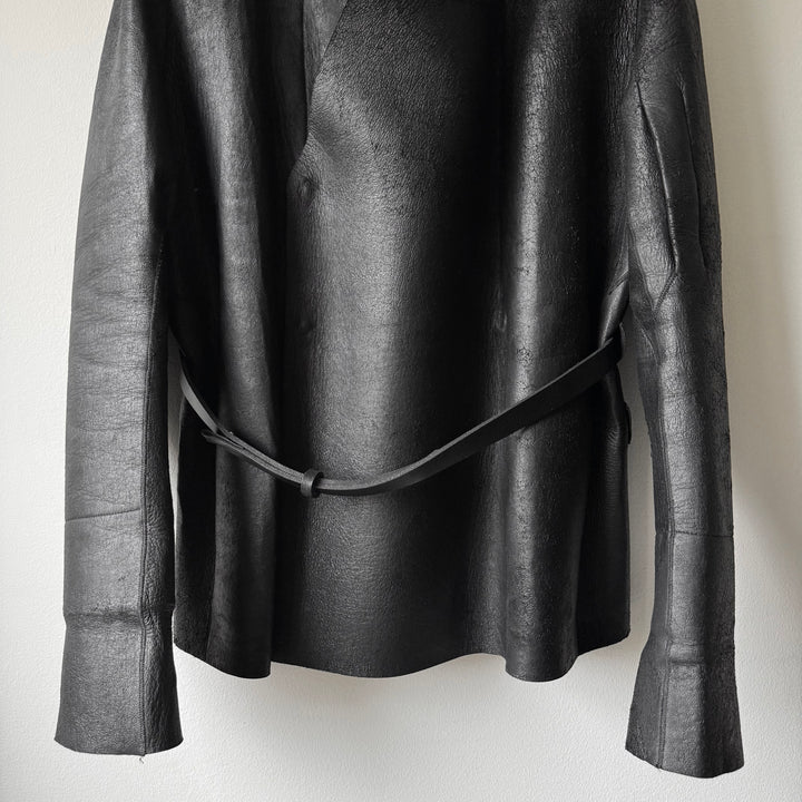 Rick Owens FW2010 Black Neoprene Padded Blistered Lamb Leather Belted Jacket Coat