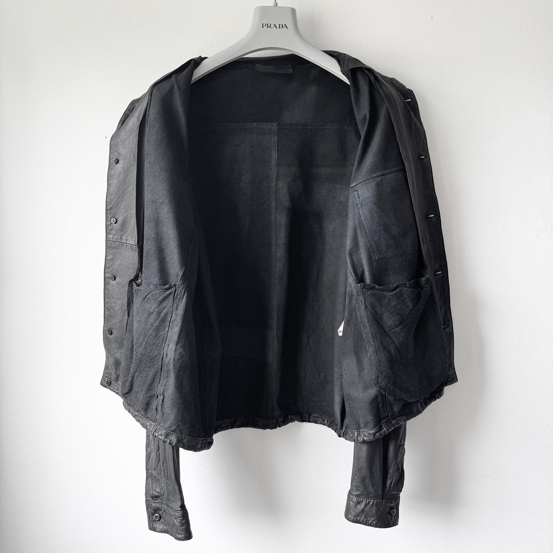 Prada 2000's Black Lamb Leather 1-Pocket Cropped Overshirt Jacket