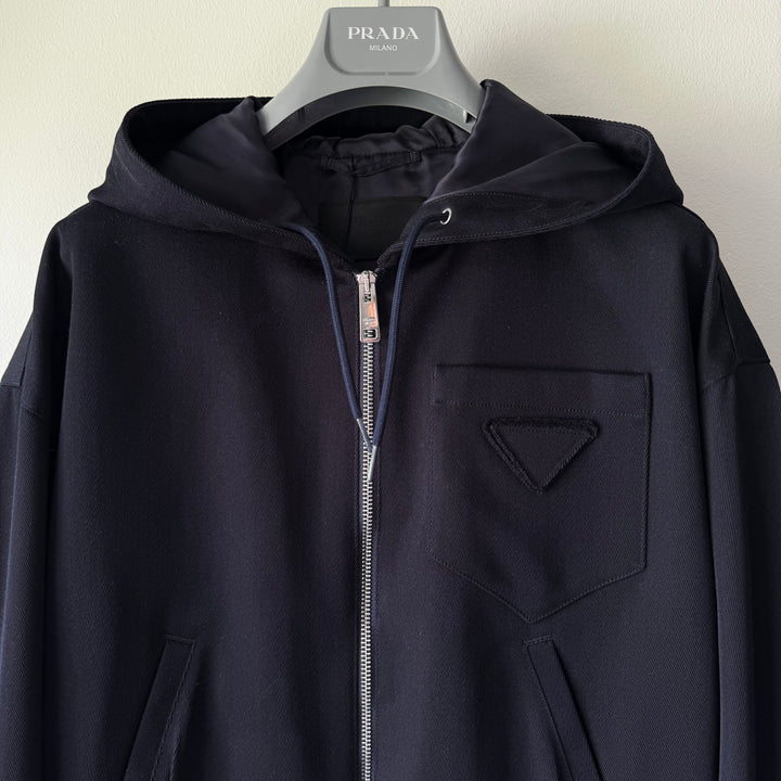 Prada Dark Navy Cropped Wool Hooded Jacket