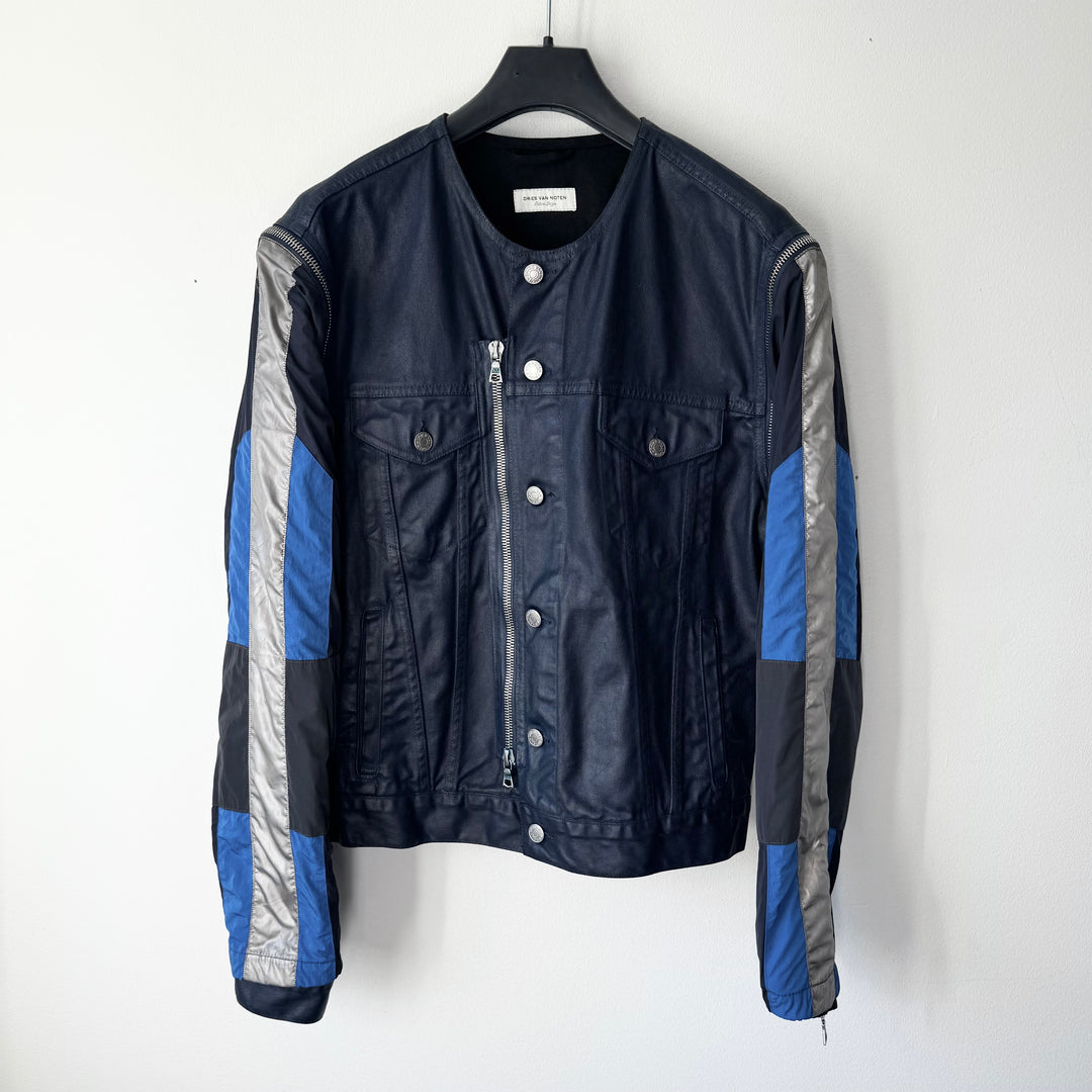Dries Van Noten AW2014 Black/Navy Waxed Zip-Sleeves Denim Jacket