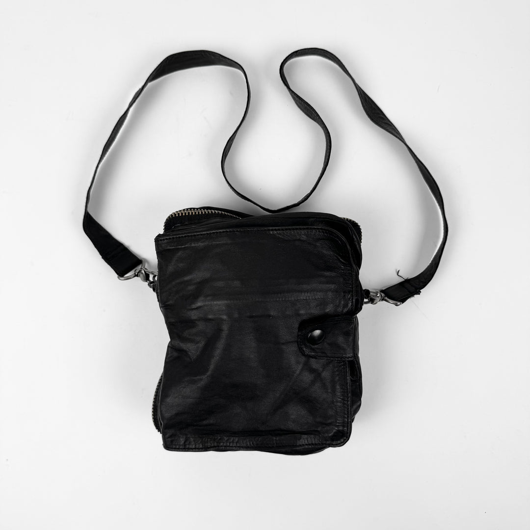 Ann Demeulemeester 2000’s Black Leather Multi-Zip Compartment Crossbody Duffle Bag