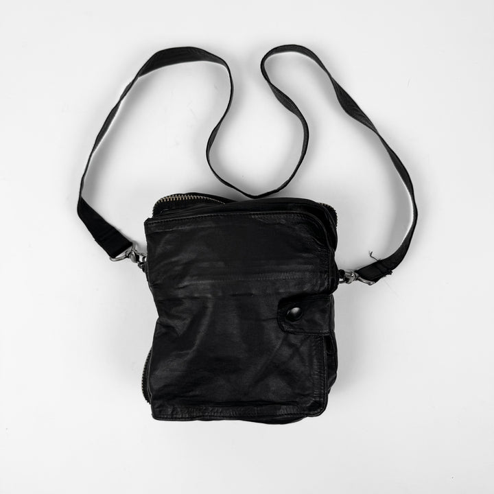 Ann Demeulemeester 2000’s Black Leather Multi-Zip Compartment Crossbody Duffle Bag