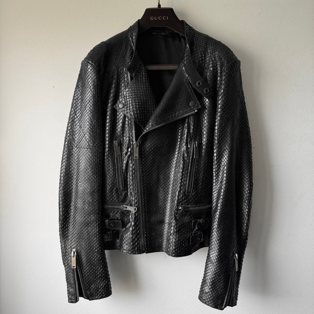 Gucci By Tom Ford 1990’s Black Python Snake Skin Leather Biker Moto Jacket
